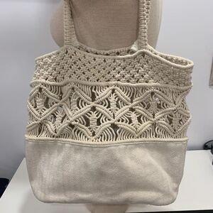 Macrame Tote Bag Cream Cotton Rope Boho Shoulder Bag Diamond
